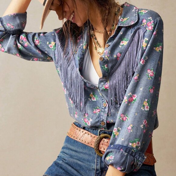 Dark Wash Casual Women's Western fringe floral Printed Loose button down Shirt - Picture 3 of 7